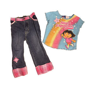 Y2K Nickelodeon Dora the Explorer Girls 3T Outfit Shirt Jeans Cotton Set 2000s